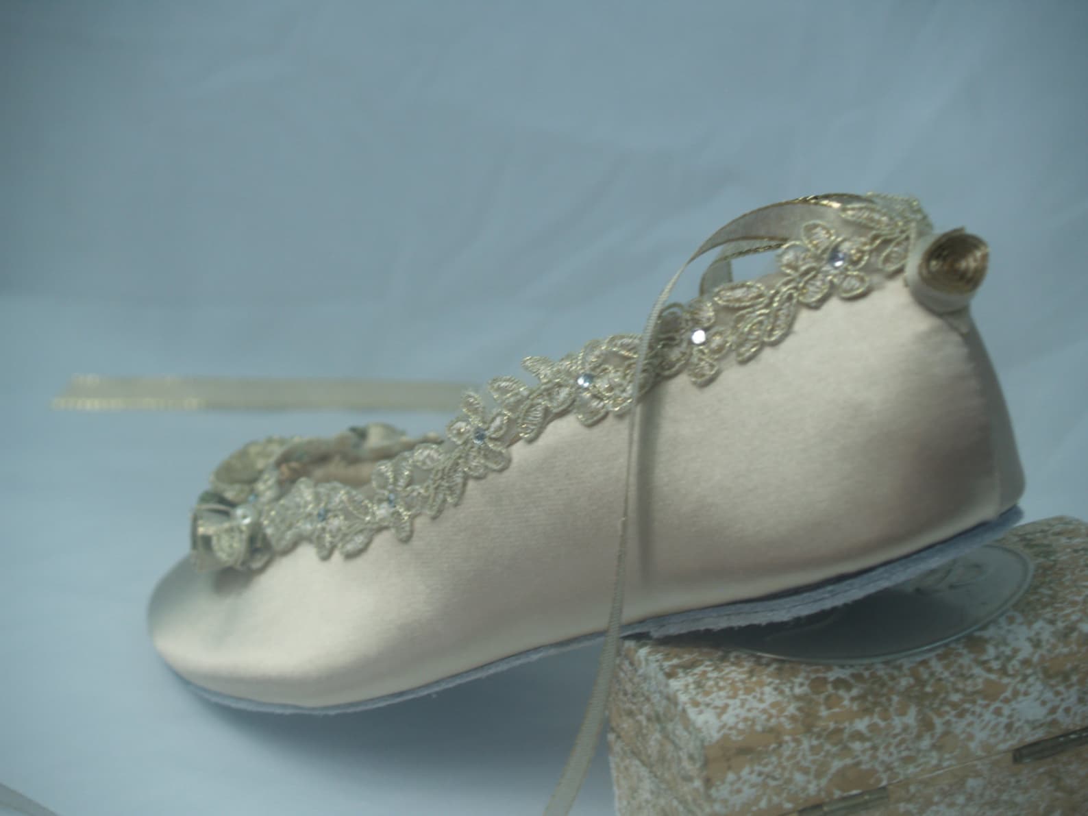 wedding size 6 flats champagne gold hand dyed, gold rosette flowers ready to ship, pearls & crystals, lace up ballet style slipp