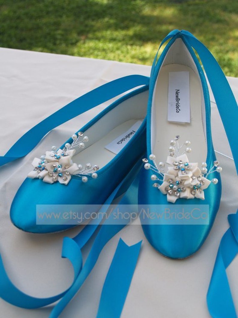 Wedding Royal Blue Flats Crystals pearls,Ballet Style Ivory slippers,Flat Shoes Custom colors available,Snowflake, Romantic, Lace Up Ribbon image 6