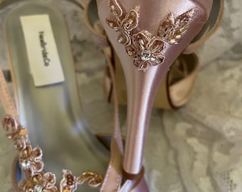 Pink Champagne Wedding Shoes, Rose gold shoes, open toe shoes hand dyed satin heels pearls beads sequins lace, Old Hollywood Glamour Shoes