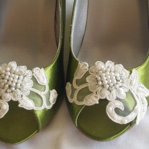 Wedge Green Shoes with beautiful appliqués, Peep toes, Wedding Shoes, Olive Green Satin Wedges, Lace Flower w Pearls, Bridesmaids, Green