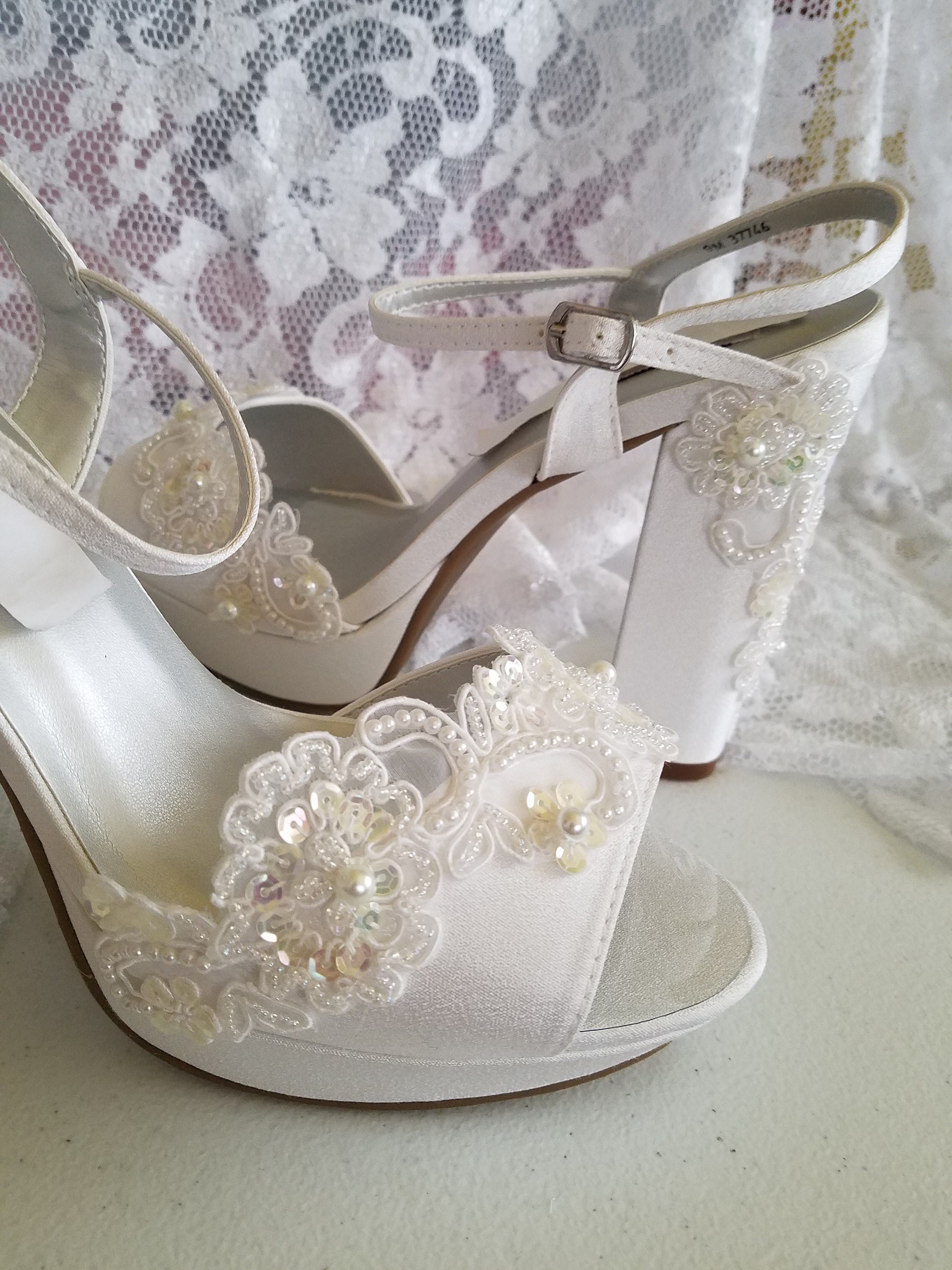 Diamond White High Block Heels 4.25 Beaded Pearl Lace - Etsy
