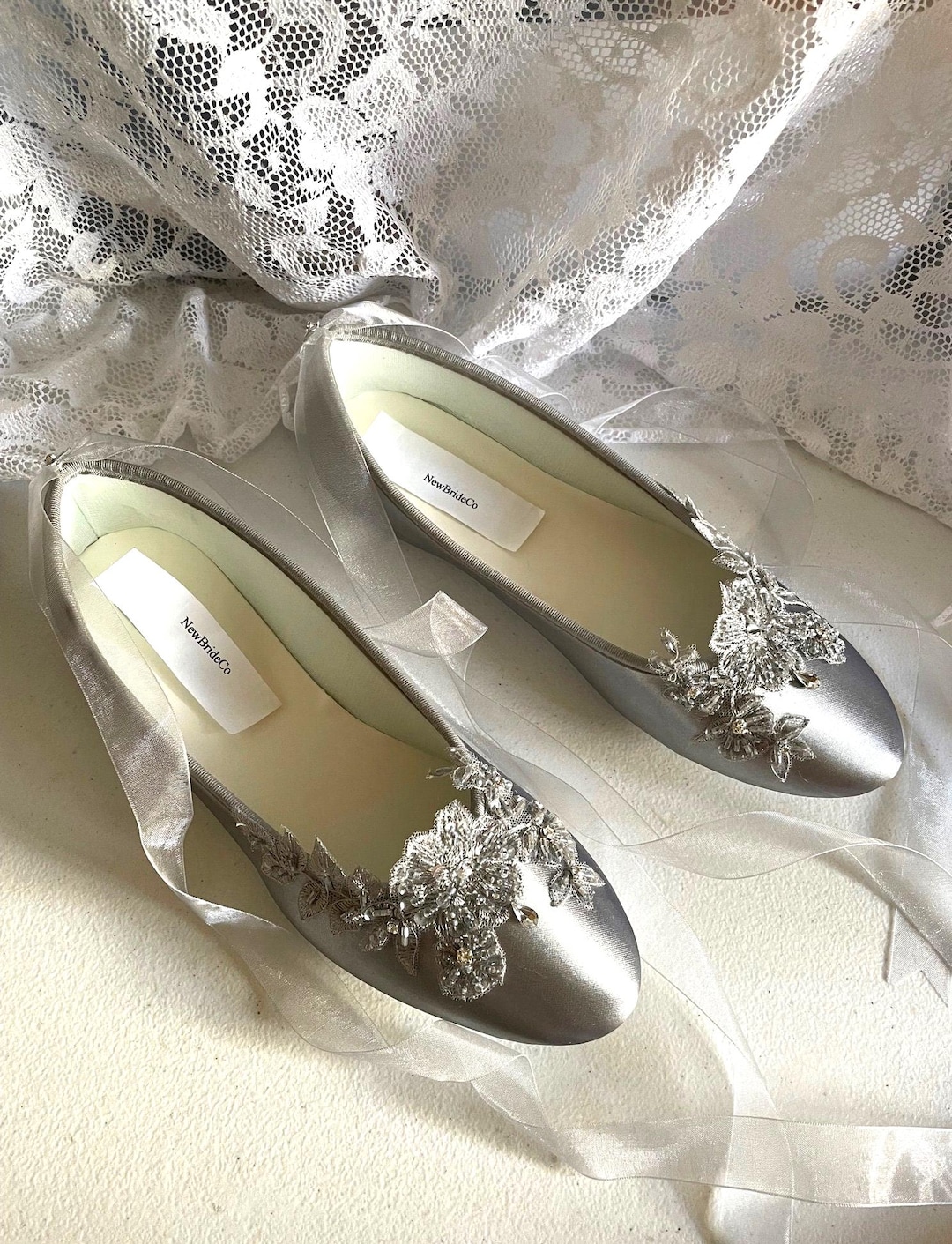 Silver Satin Ballet Flats: Beaded Lace Bridal Shoes, Size
