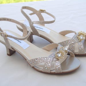 Girls Silver shimmer Shoes or Champagne with Crystal Bow brooch, bing flower girl shoe low heel 1 1/2&quot;,Girls Pageant shoe, First Dance Shoes