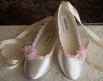 Wedding Flats Ivory Pink Satin Shoes - Pink Bridal Flat shoes, Pink Wedding Shoe,Pink Flowers, Lace Up Ballet Style Slipper