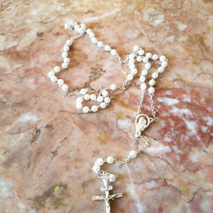 Sale Baptism White Pearls Rosary beads, Communion Rosary beads, Baby Rosary, Baptism gift, Catholic Ceremony,Vintage Rosary white beads