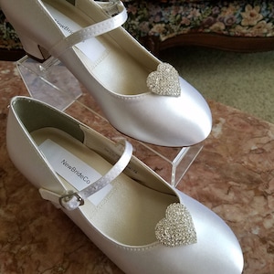 Girls Communion Shoes Crystals Heart brooch- White plus more colors shoes - flower girls shoes, low heel, Pageant Wear, First Dance