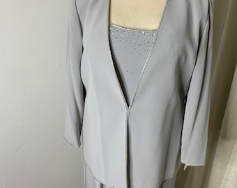 Silver Beaded Jacket and Dress in Size 20, Vintage Mother of The Bride by Caterina, 2 piece Formal Dress Plus Size, Straps in Silky Crepe