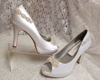 White Wedding Heels bling embellished, Satin Pump Heels, Peep Toe w/ Platform, Sexy, Old Hollywood, Beautiful Beads