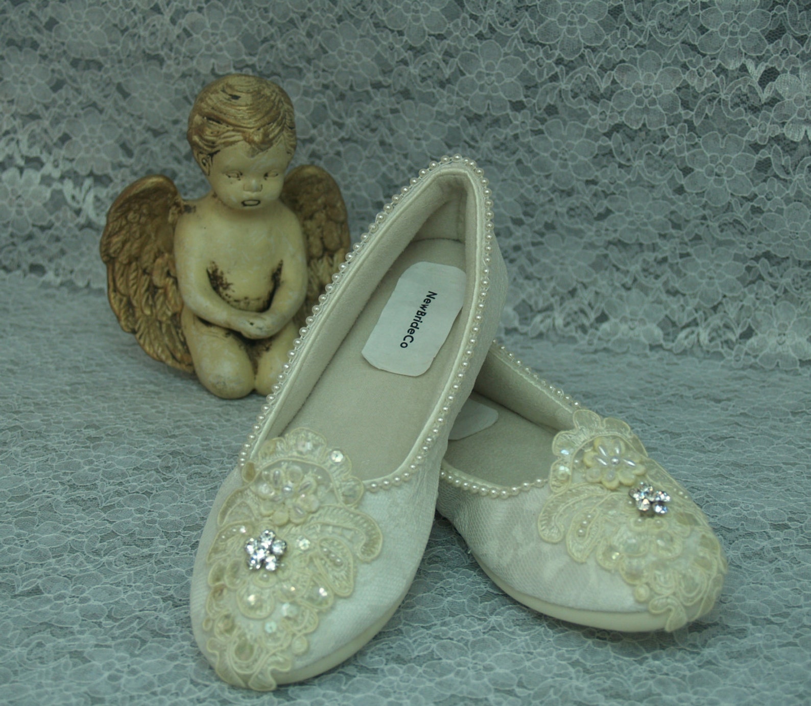 wedding ivory flats vegan shoes size 5, bridal comfortable slipper, cushioned ballet slipper, art deco nouveau, old hollywood gl