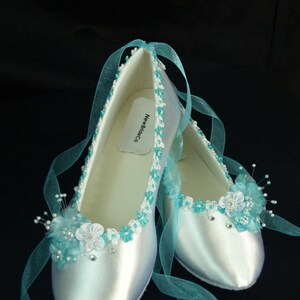 Flat Shoes Aqua blue trims Ballet Style, White/Aqua blue Flat shoes, White or Ivory Satin Flats with aqua flowers and Ribbon Lace Up straps
