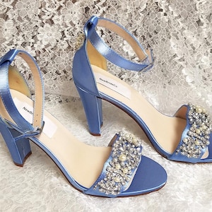 Sky Blue Wedding Shoes thick heels trimmed with lots of crystals and pearls,Powder Light Blue Peep Toe square heels, 3 1/4 inch Square heels