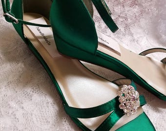 Size 7 & 9 Green Shoes low Wedge 1" inch heel crystals, Wedding Short Heel,Prom Shoes, Satin Sandal, Open toes low heel, Old Hollywood,Deco