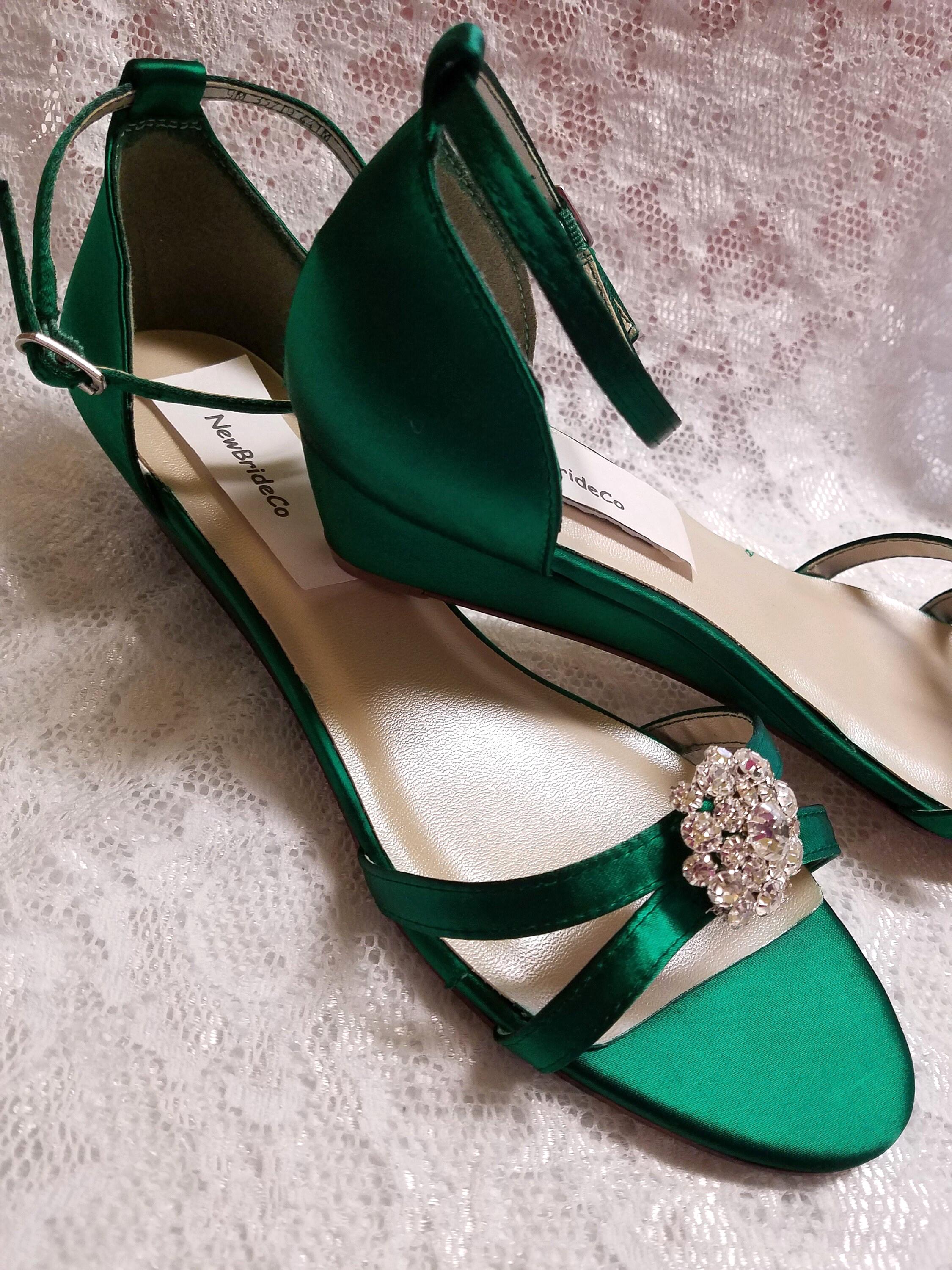 Green Shoes low Wedge 1" inch heel crystals, Wedding Short Heel,Prom…