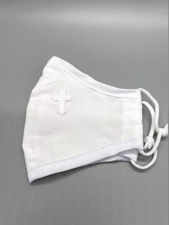 First Communion Mask: White Cotton with Cross, Breathable Lining