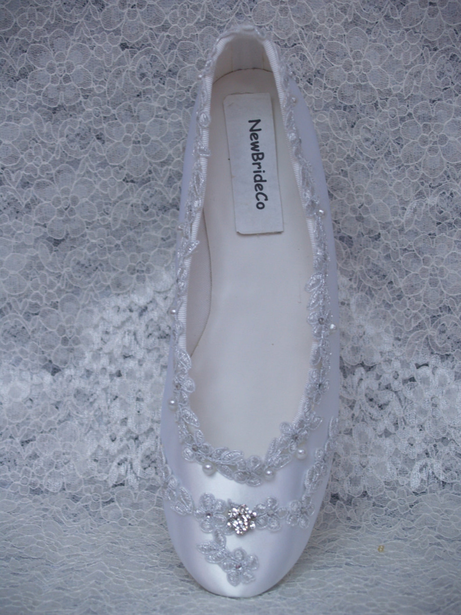 size 8 1/2 wedding flats white shoes silver venice lace edging w crystals,ballet style slipper,silver lace pearls & crystals,rea