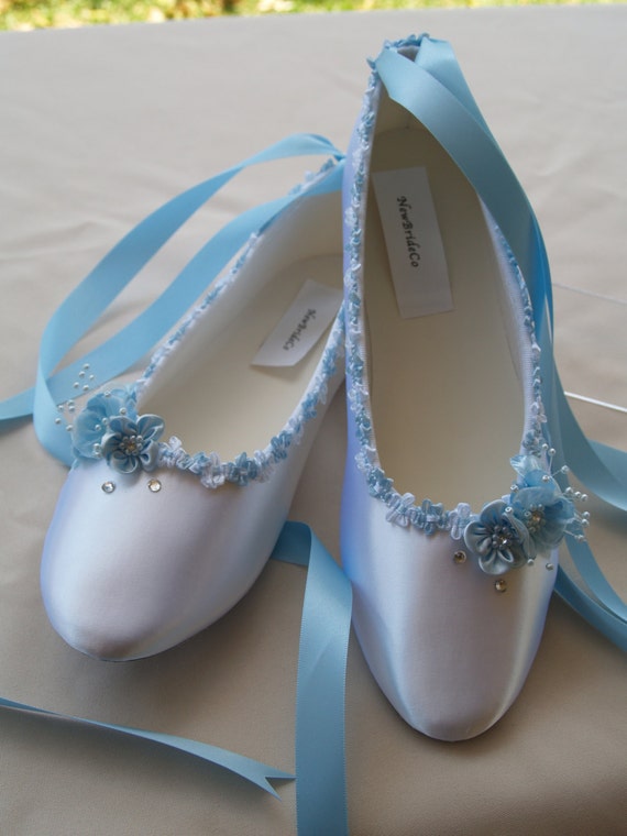 Blue Bridal Flats White Satin Shoes Blue Wedding Shoes US | Etsy