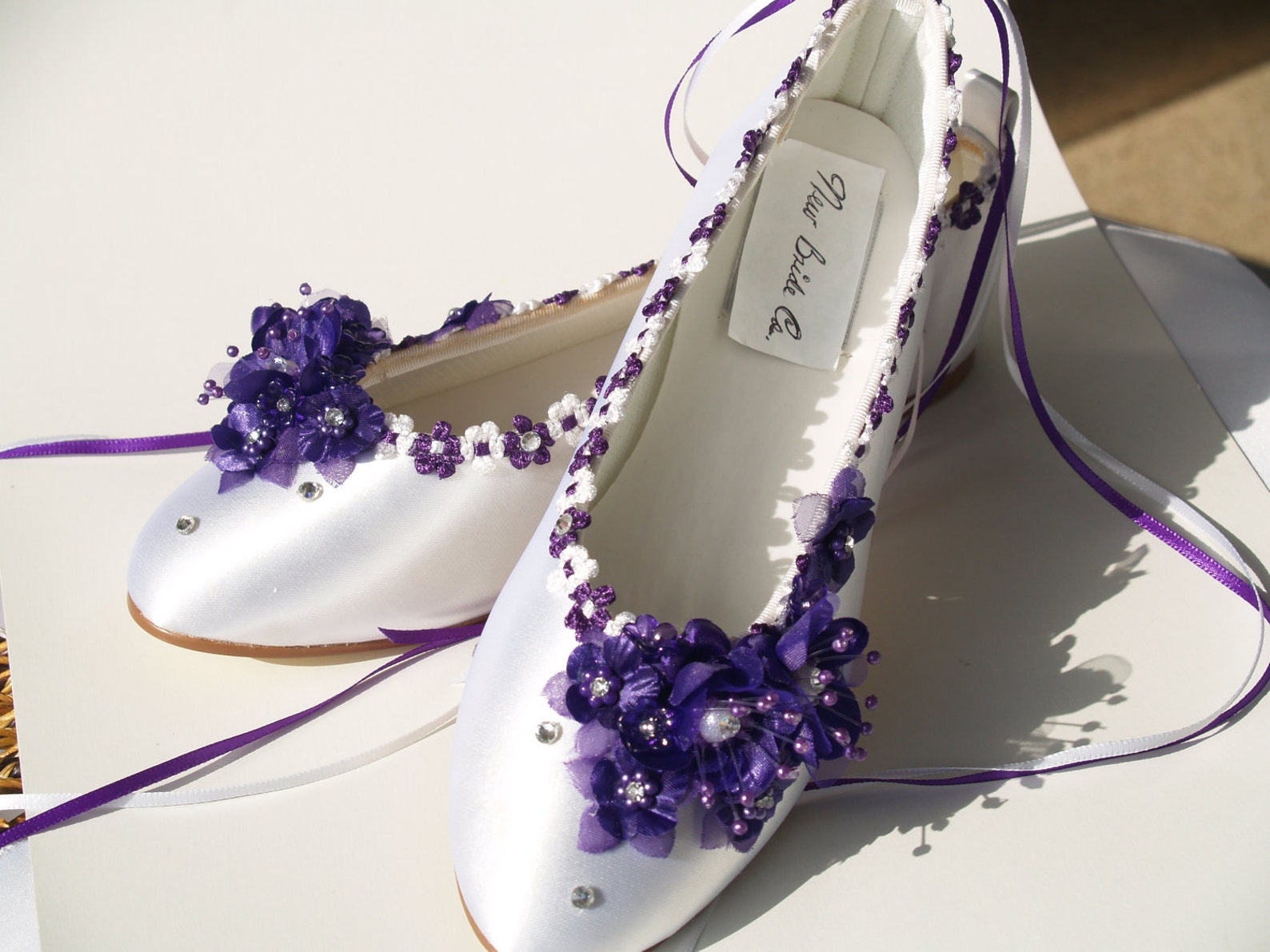 size 6 ready to ship purple silk flowers white satin flats,pearls,crystals, lace up ribbon,satin ballet style slippers,closed to
