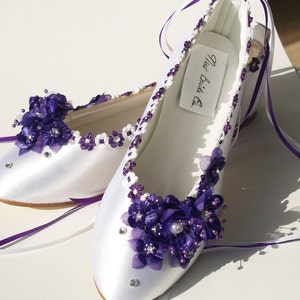Wedding Flats Purple silk flowers pearls crystals and Lace Up Ribbon, Satin Ballet Style Slippers with Deep Purple flowers, closed toes shoe