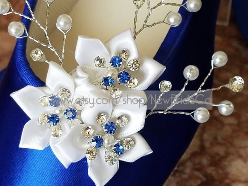 Wedding Royal Blue Flats Crystals pearls,Ballet Style Ivory slippers,Flat Shoes Custom colors available,Snowflake, Romantic, Lace Up Ribbon image 3