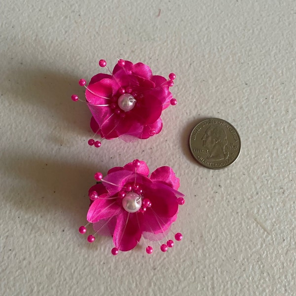 2 Fuchsia hair flowers with crystal center on bobbie pin or alligator clip,Bridesmaids hair pins colors flowers,flower girl flower hair pin