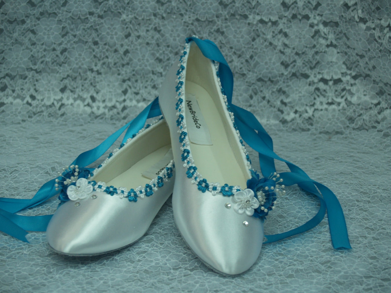 wedding flats turquoise flowers w turquoise white rococo trim white or ivory satin shoes, something blue, peacock blue, ballet s