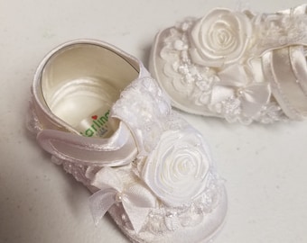 Off-White Satin Baby Shoes: Handmade Rose, Christening Crib Shoes