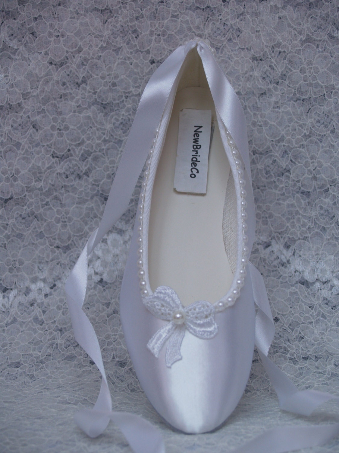 White ballet style slippers with lace bow & pearls Wedding Etsy
