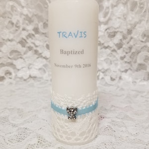 Personalized Baptism Candle white blue pillar candle with rhinestones angel,Communion Candle, Confirmation Candle, Christening,Candle,