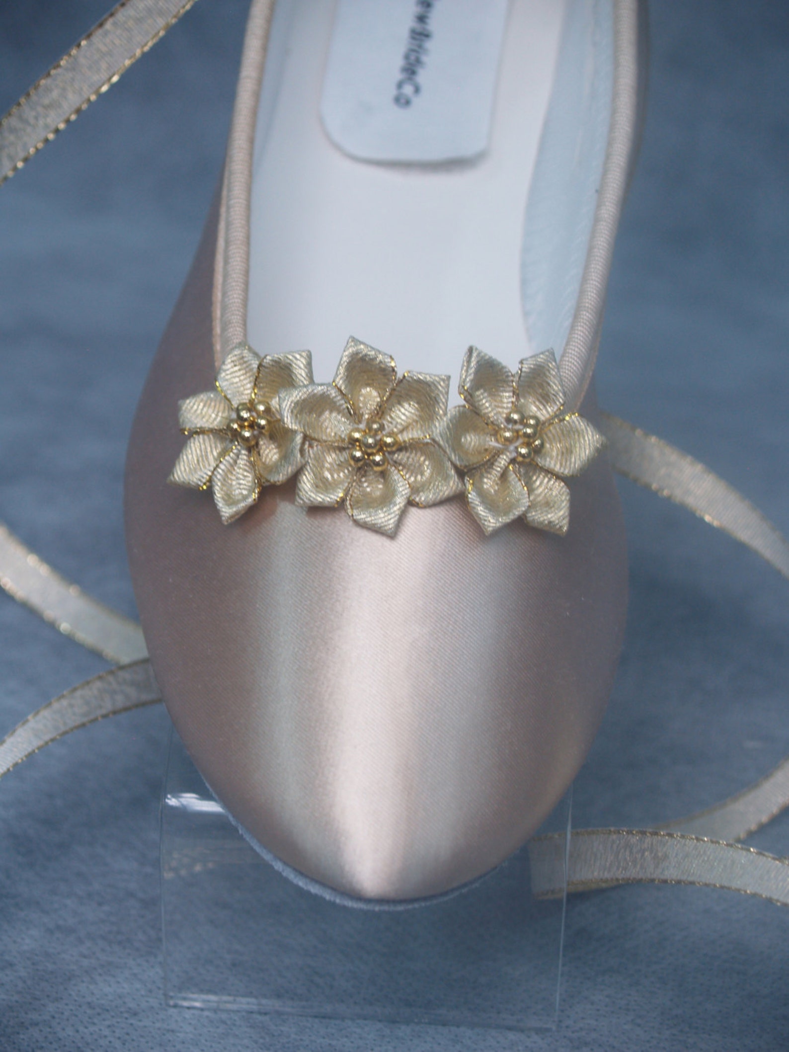 champagne wedding flats w 3 gold flowers,gold flowers, lace up ballet style slipper, 50th anniversary mob, comfort and beauty, g