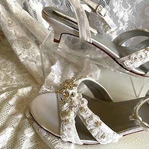 White kitten heel Shoe Bling pearls Lace 1 1/4&quot; heel,White satin Sandal,Kitten Heel, Ankle Strap low heel Rhinestone Crystals, Beach,Cruise
