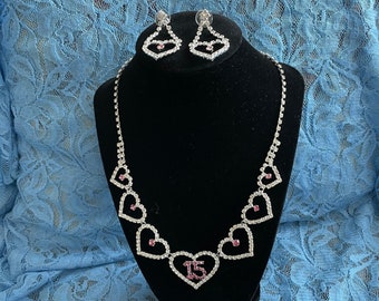 Vintage Quinceanera necklace and earrings set please look at pictures read details, Vintage Necklace plus earrings set pink rhinestones