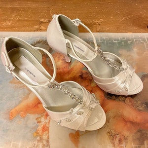 White Heels Shoes Silver glass Crystals 2 3/4&quot; heels,Mid high heels peep toe covered heel ankle strap, Blue hand dyed satin bling  heels