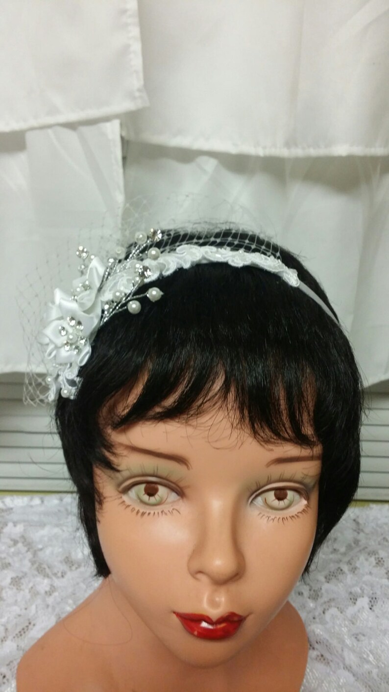 Wedding Headband with Short Veil,Destination weddings headband,Classic,white headband,First Communion,Confirmation,Traditional, headpiece image 5