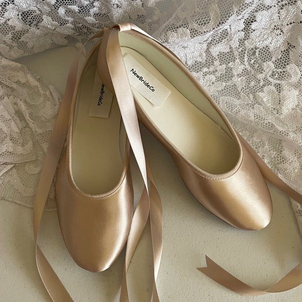 CHAMPAGNE Ballerina Flats ankle strap Sheer or Satin,Dyed Satin Flats straps ballerina style,Minimalist satin slipper lace up ribbon straps