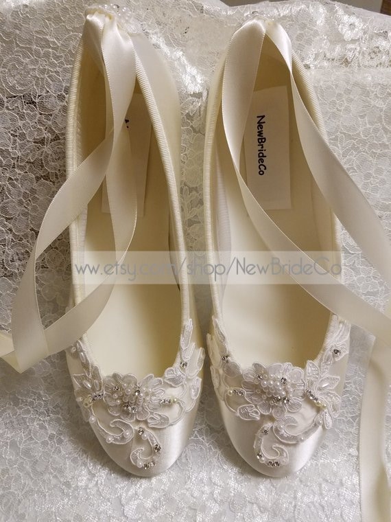 Brides Ivory Wedding Flat Satin Ivory Shoes Lace Applique Etsy