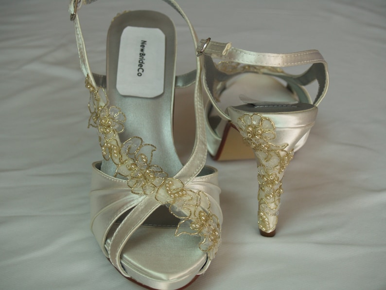IVORY Wedding Shoes or WHITE with lace, Ivory bridal shoes,White open toe shoes hand dyed satin heels pearls and lace, Old Hollywood Glamour image 2