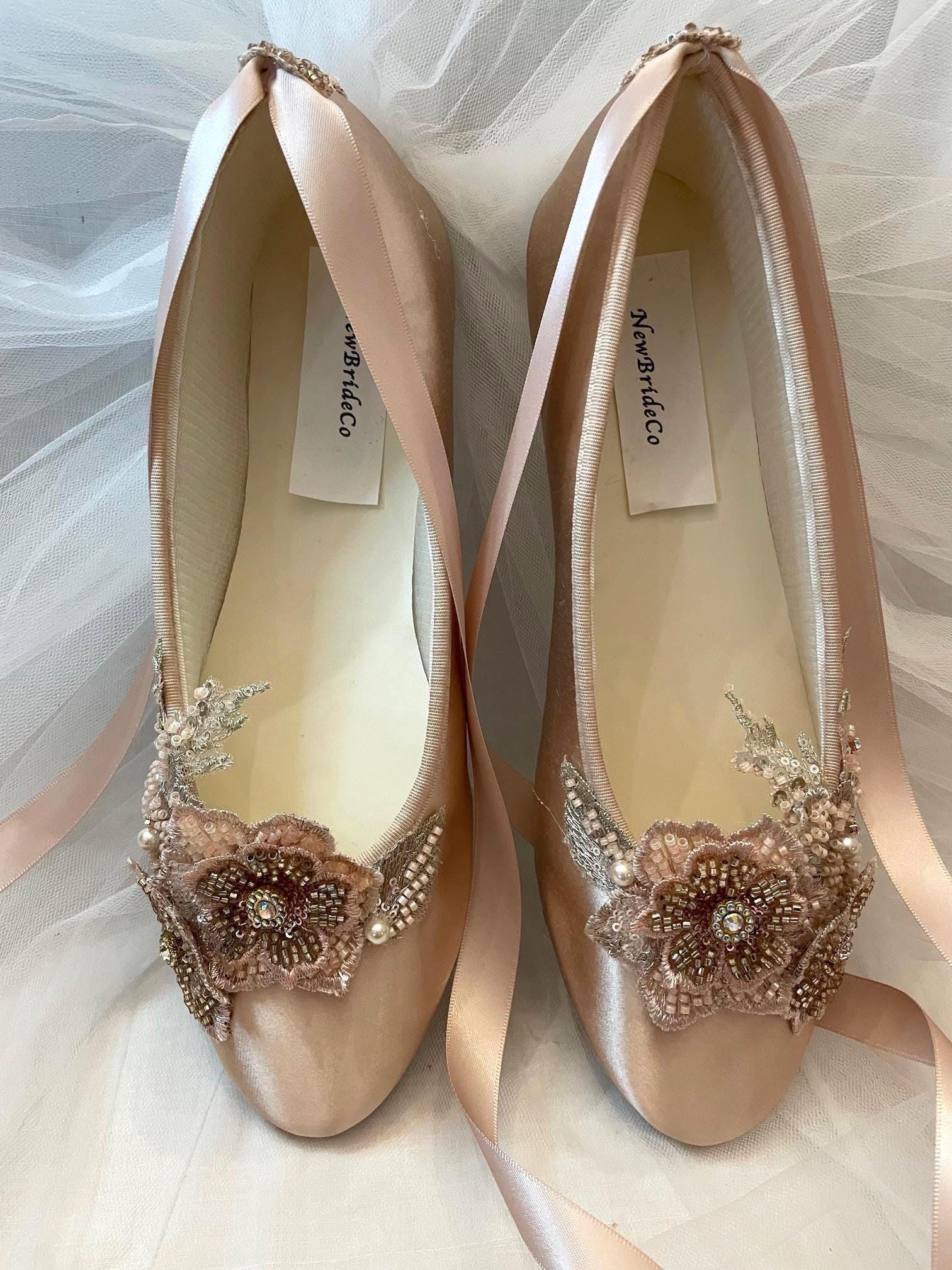 rose gold dress flats Ballerina style shoe, Rose Gold with beaded flowers and bling, PinkChampagne flat shoes makes walking light and
