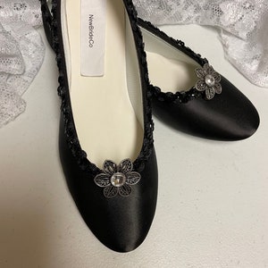 Black Wedding Shoes Dressy Flats Satin with brooch Prom | Etsy