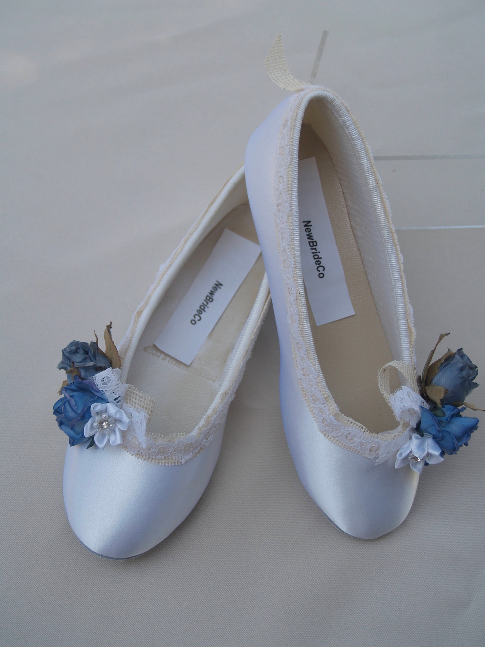 wedding flats blue flowers and burlap edging, ivory or white satin shoes, something blue wedding flats, lace up ribbon, ballet s