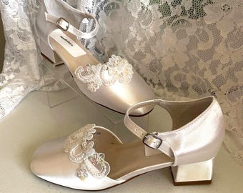 Ivory Beaded Communion Shoes: Satin Flower Girl Shoe with 1" Heel