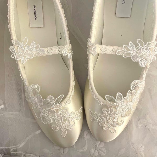 Elfenbein oder Off-White Hochzeit flache Schuhe: Handgefärbte Mary Jane Schuhe M & W Breite passen