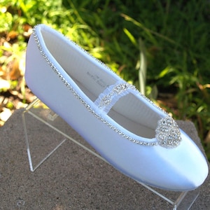 Communion White Satin Shoes Bling with Strap and crystals edging Flats, Flower Girls Ballet Style Slippers, Girls Pageant BLING shoes