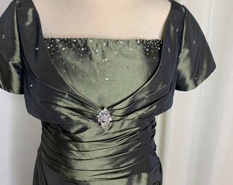 Clove Olive Green Formal dress Size 18 by Images Pleated Taffeta with Beadwork Bling, Green Wedding Anniversary Dress, Mother of The, Bolero