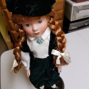 PORCELAIN Doll vintage 90&#39;s green velvet outfit with hat, braided hair porcelain doll