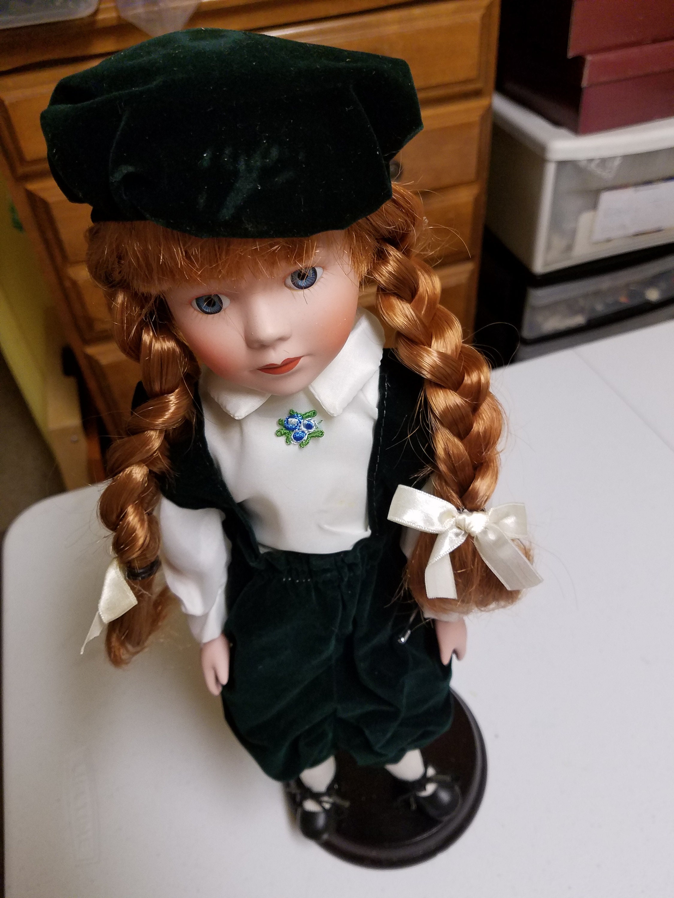 PORCELAIN Doll Vintage 90's Green Velvet Outfit With Hat, Braided