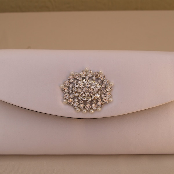 Brides White clutch bag Satin with crystals and pearls, White Satin Handbag, Evening Purse, Formal Clutch