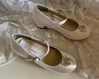 Girls White Communion Shoes: Crystals Pearls Flower Girl Shoes