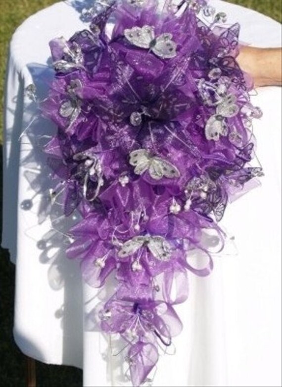 Purple Silver Bouquet Set Headpiece for Bride or Quinceanera With  Butterflies and Crystals 