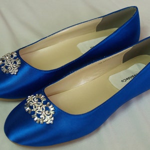 Wedding Flat Royal Blue Shoes with Brooch, Royal Blue plus 200 colors,Something Blue ballet style slippers,embellished satin,Carrie,non slip