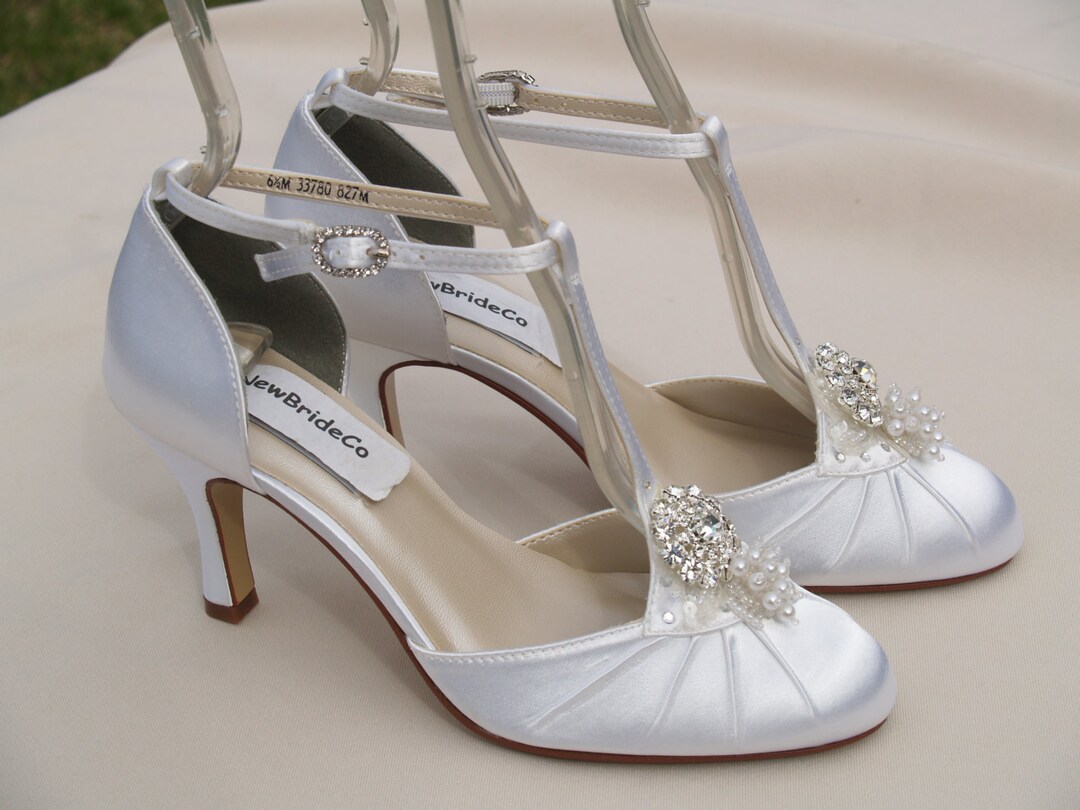 Wedding Shoes Mid Heels Modern Style, Rounded Toe T Strap Satin Pumps ...